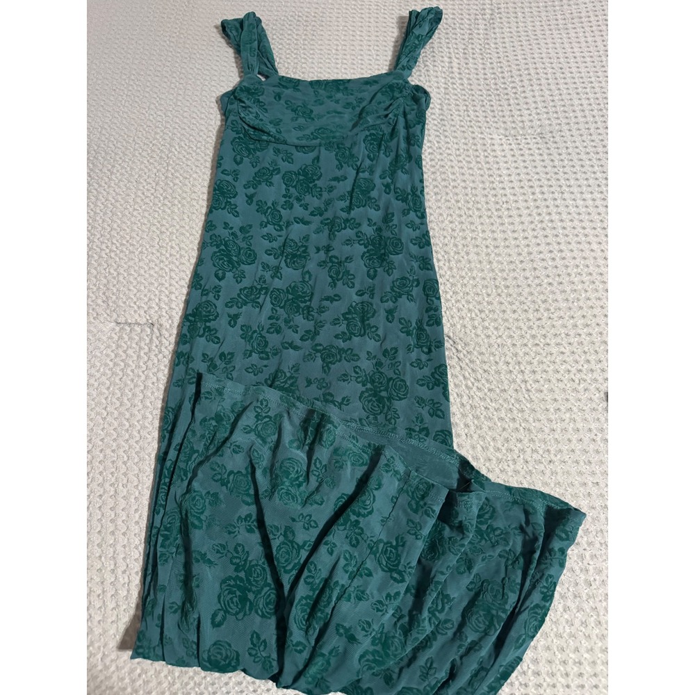 Stitch and Pine Teal Green Floral Rose Mesh Midi Dress Square Neck Womens Medium